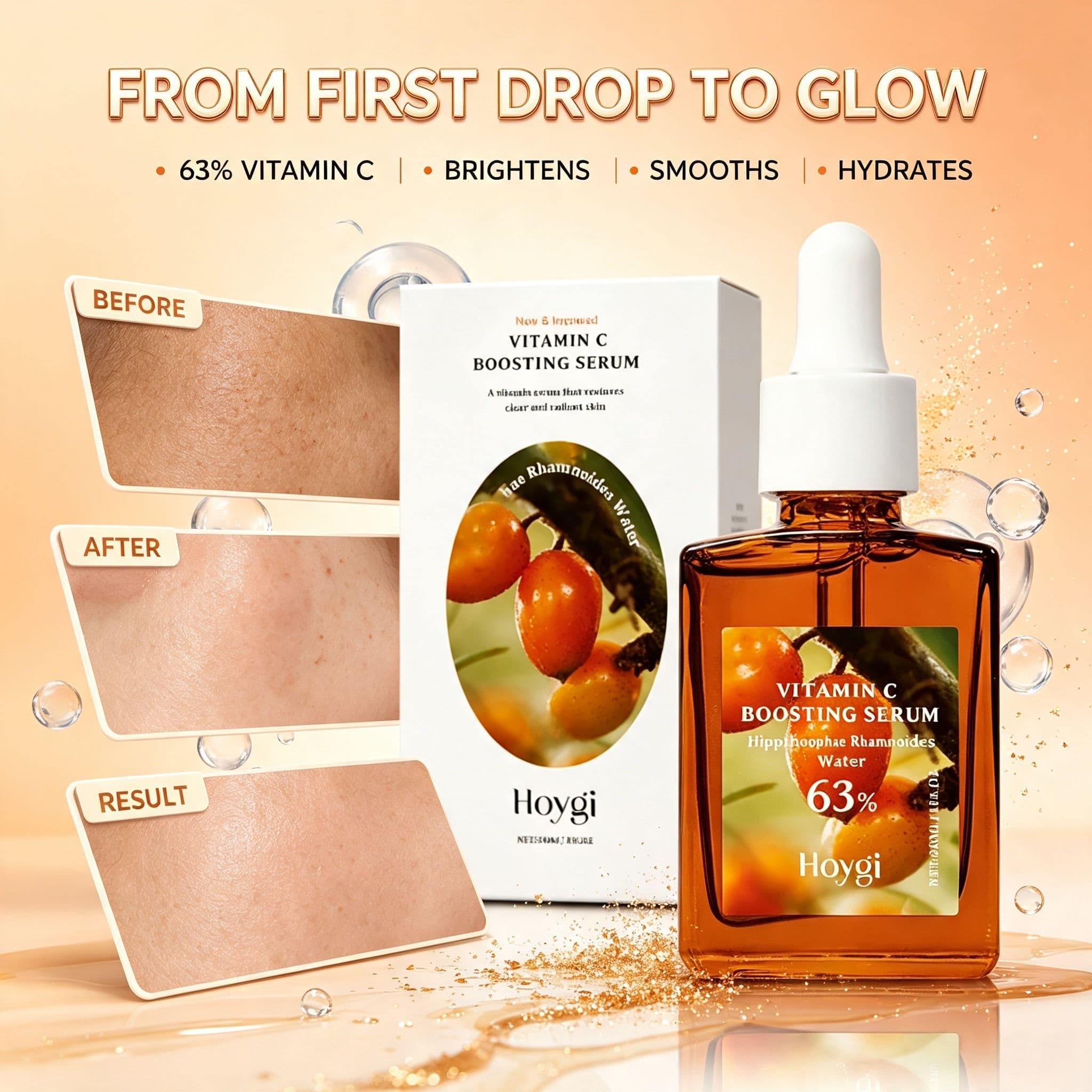Essência Facial Hidratante de Vitamina C de Espinheiro Marítimo Orgânico Tratamento Antiflacidez para Pele de Vidro