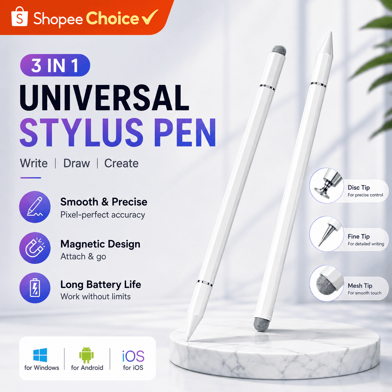 Caneta Stylus 3 Em 1 Touch Screen Esferográfica Desenho Lápis Capacitivo Para iPad Android Tablet Celular
