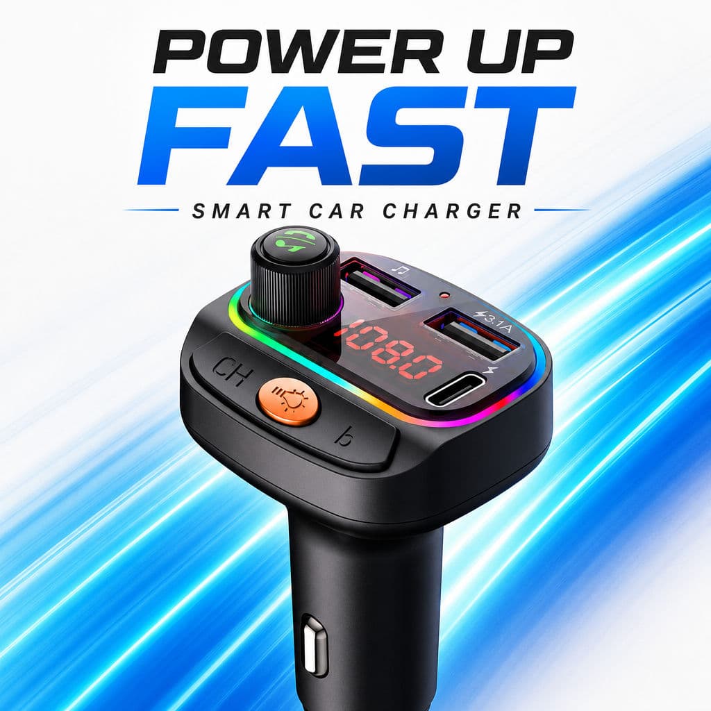 2026 Carregador Veicular FM Transmitter Bluetooth 5.0 PD Tipo-C Duplo USB MP3 Player Ambiente Viva-Voz Carregador Sem