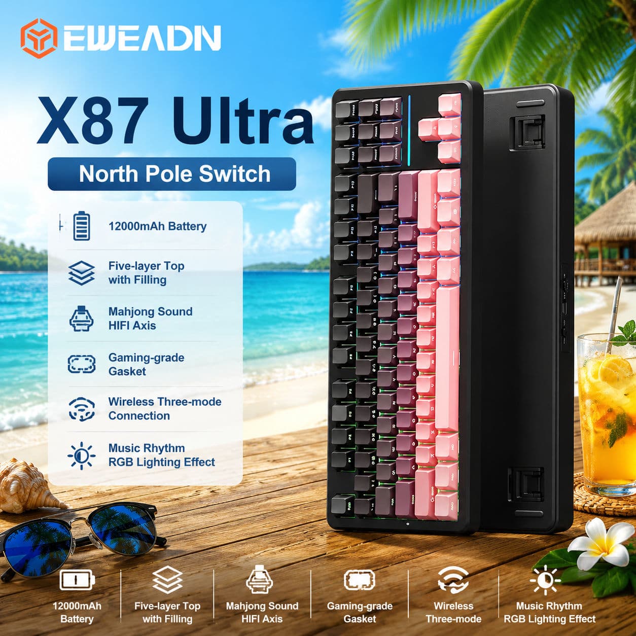 EWEADN X87 Teclado Mecânico Tri-Modo, Teclado de Jogos Sem Fio Bluetooth 2.4G, RGB com Retroiluminação, Troca Quente de