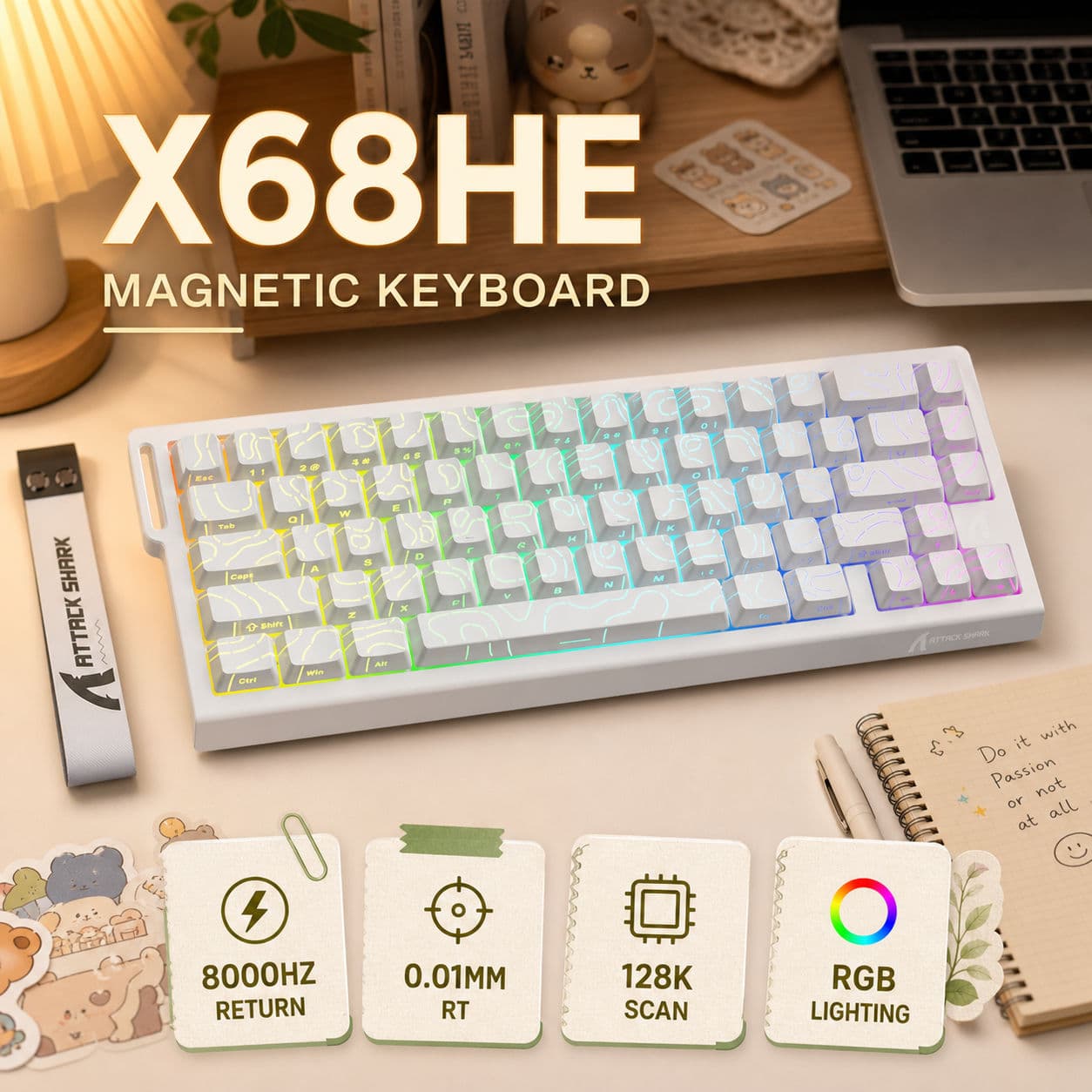 Teclado mecânico para jogos Attack Shark X68 HE, teclado para jogos com 66 teclas, taxa de polling de 8000Hz e latência