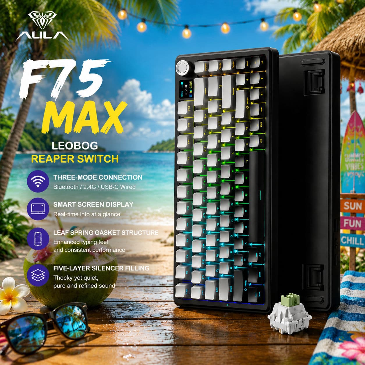 Teclado Mecânico Sem Fio Tri-Modo AULA F75 MAX, RGB, Troca a quente, Teclado de Jogos Compacto de 75 Teclas para PC