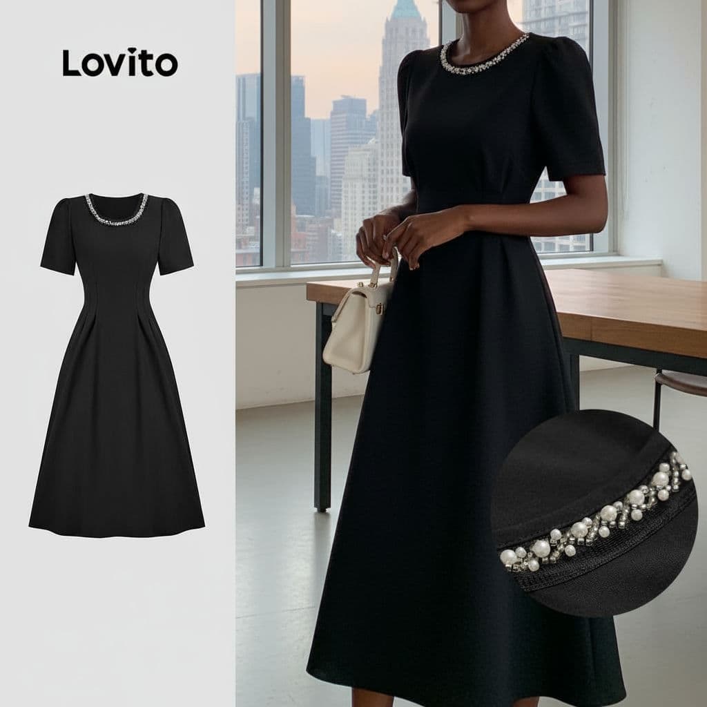 Lovito Elegante Vestido Feminino com Pérolas Vestido Preto para Primavera/Verão Tecido Macio e Confortável L137ED163