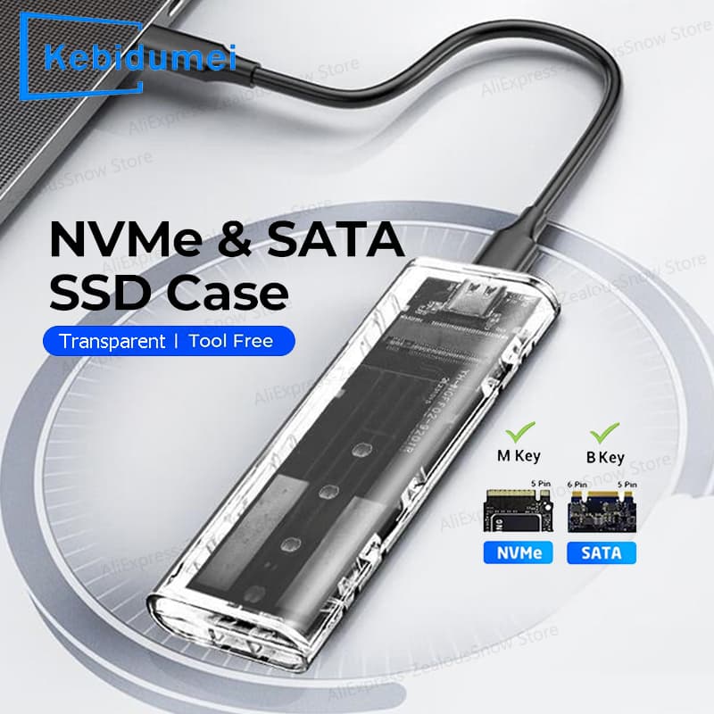 Caixa externa transparente para SSD M.2 NVME PCIe/NGFF SATA, USB Tipo C 5/10 Gbps PCI-E M.2