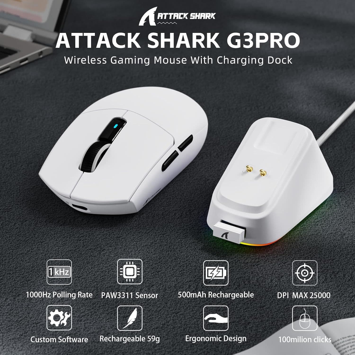Mouse Gamer Sem Fio ATTACK SHARK G3 Pro Tri-Mode Ultra Leve PAW3311 25000 DPI RGB可编程