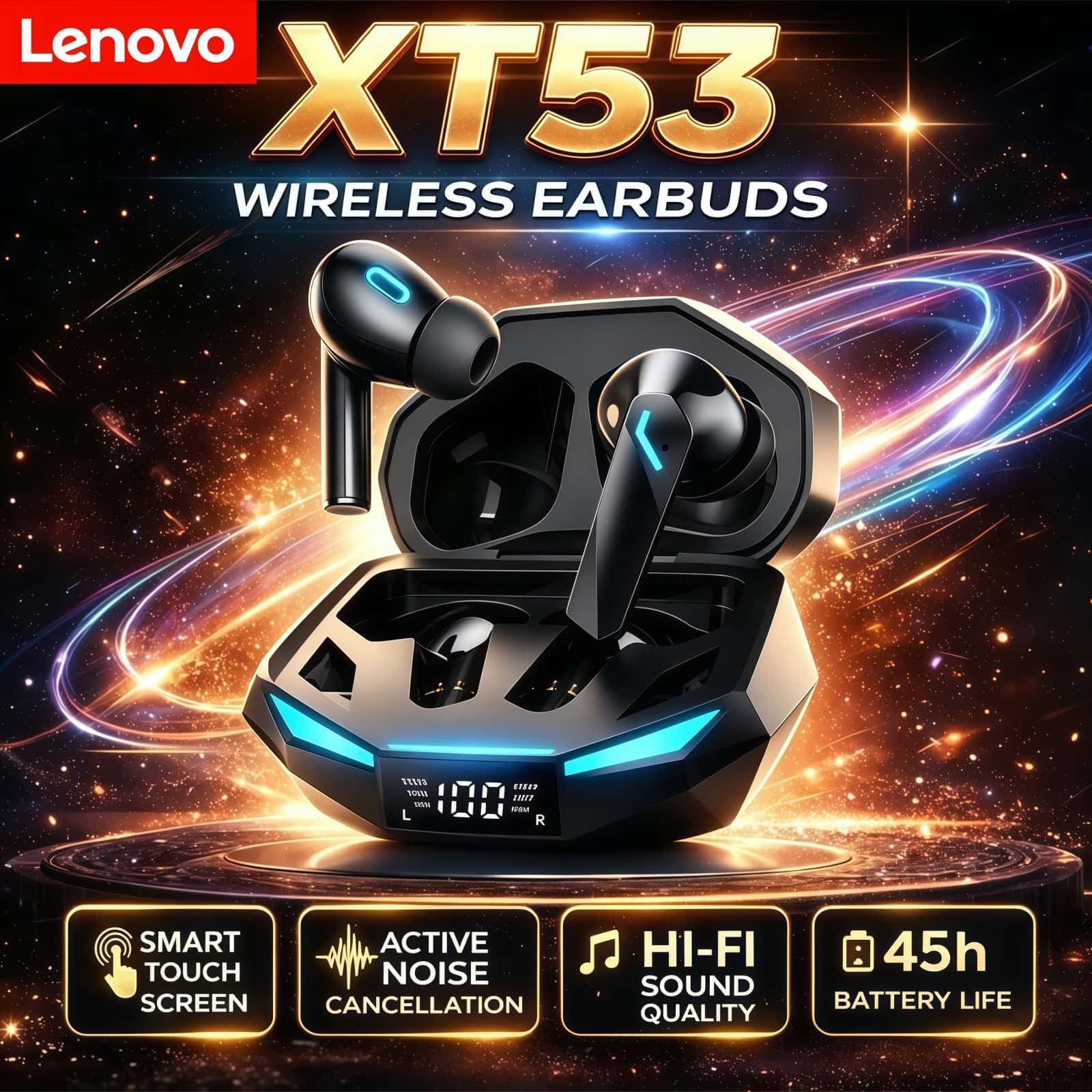 Fones de ouvido Lenovo XT53 sem fio esportivos, fones Bluetooth 5.4 para jogos e música, fones Dolby Spatial Audio,