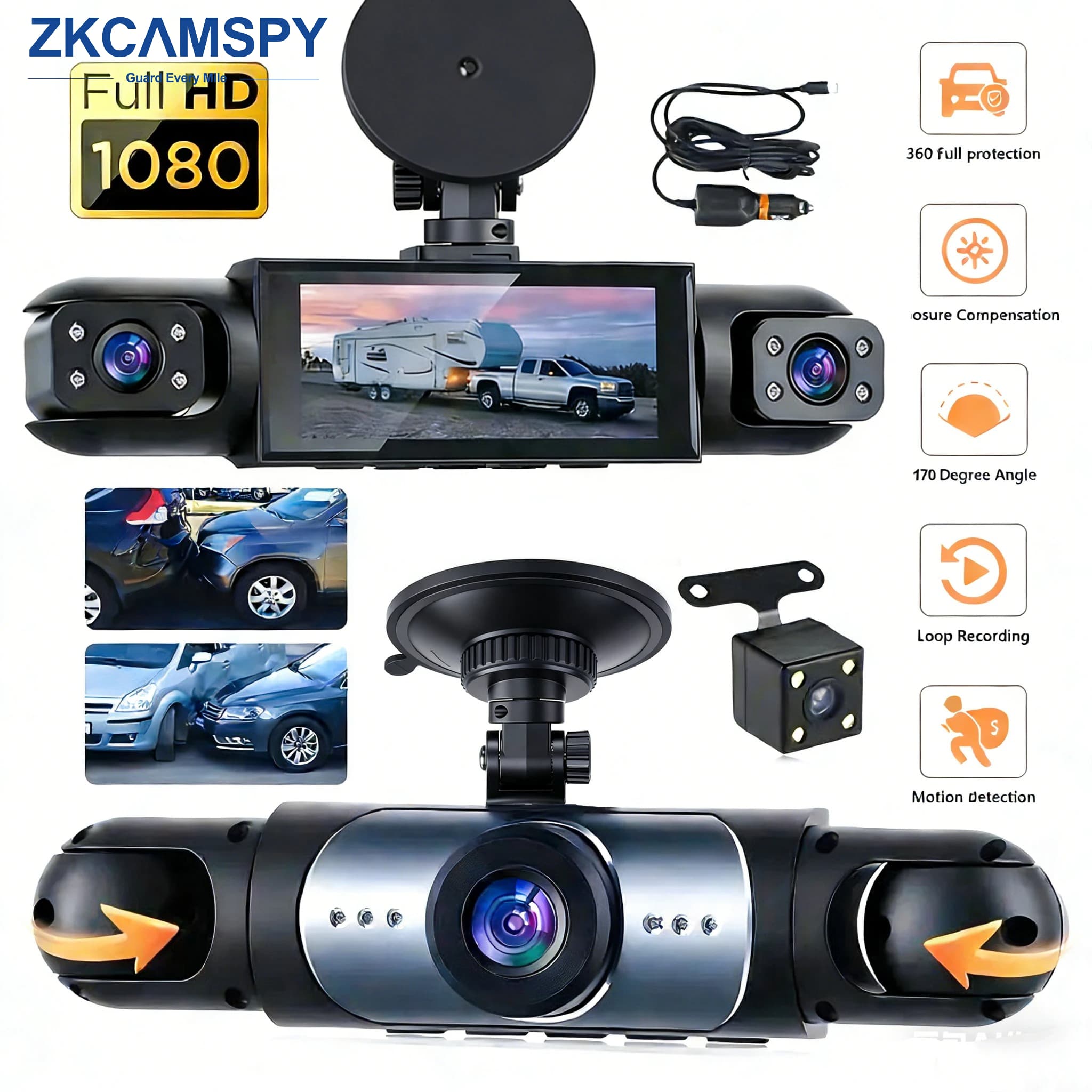 Câmera Veículo Gravador DVR Dash Cam 4 câmeras para carros, caixa preta, frontal, traseira, interna, visão noturna,