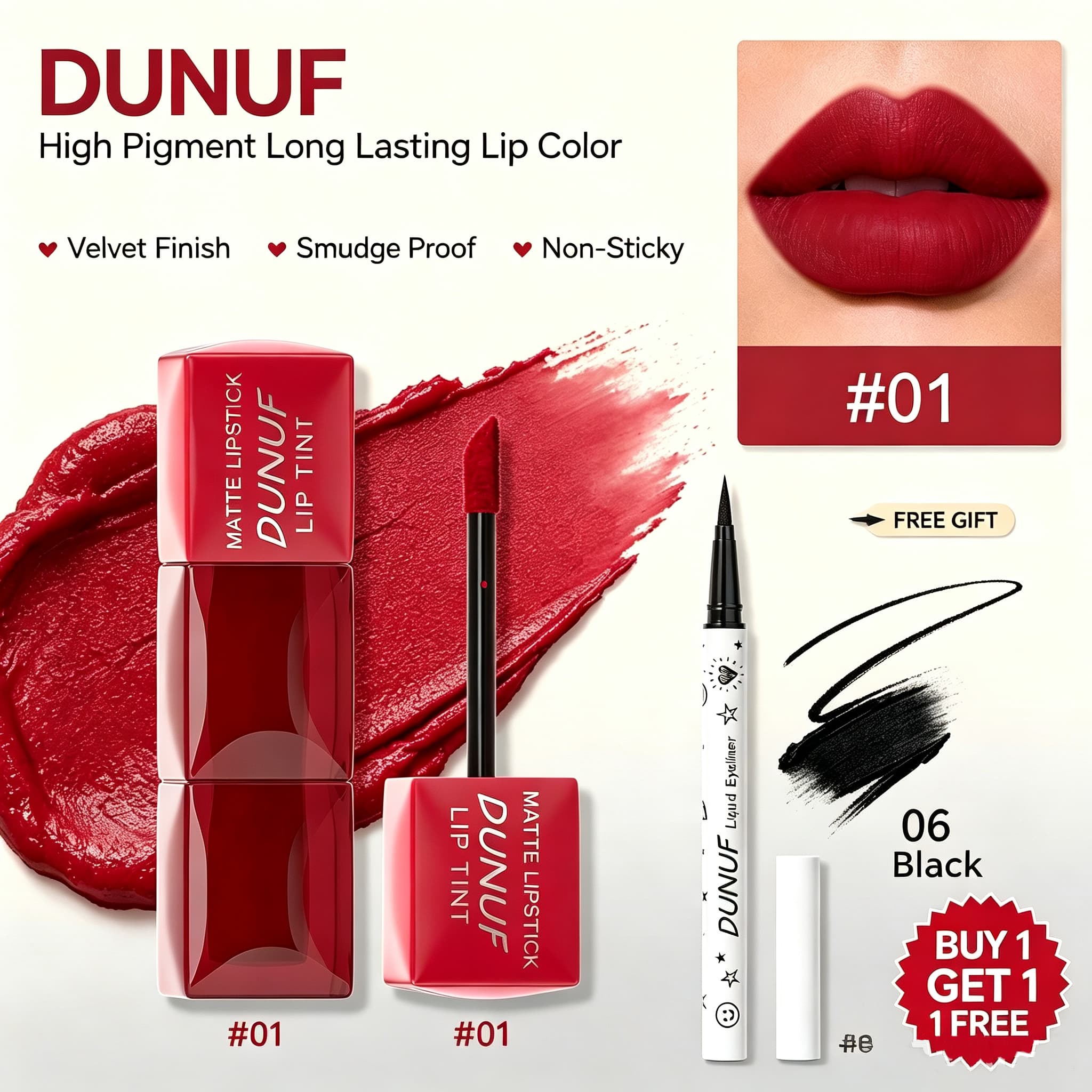 Batom Líquido Velvet Matte, de Longa Duração, À Prova de Borrões, Alto Pigmento, Não Grudento + Delineador Líquido Preto