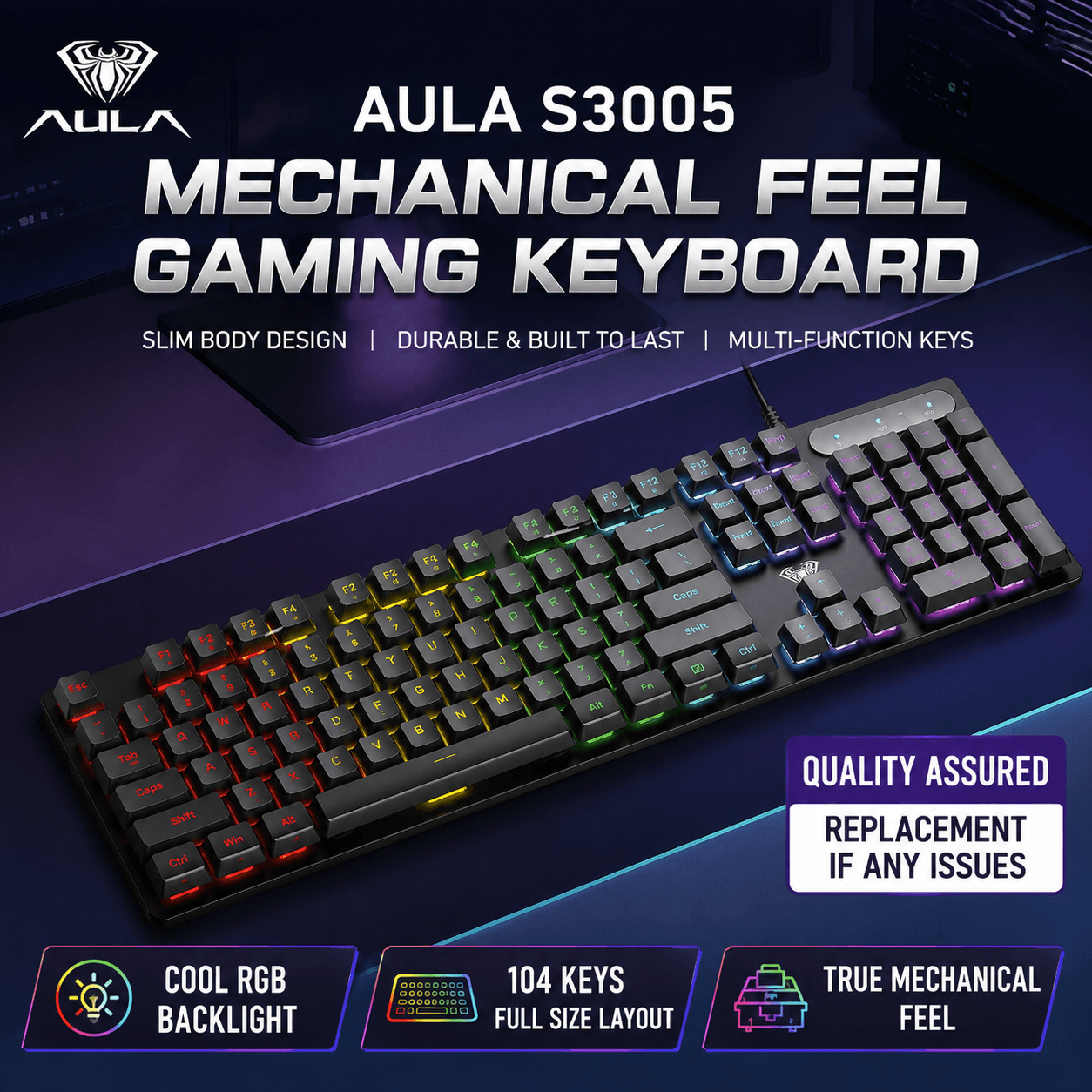 Teclado Mecânico de Jogos AULA S500, teclado completo com 104 teclas com retroiluminação com fio, anti-ghosting em todas