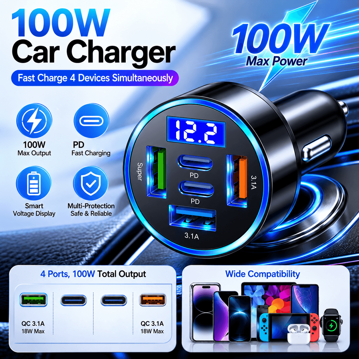 Adaptador De Carregador De Carro Rápido USB Dc 12-24v 5 Portas