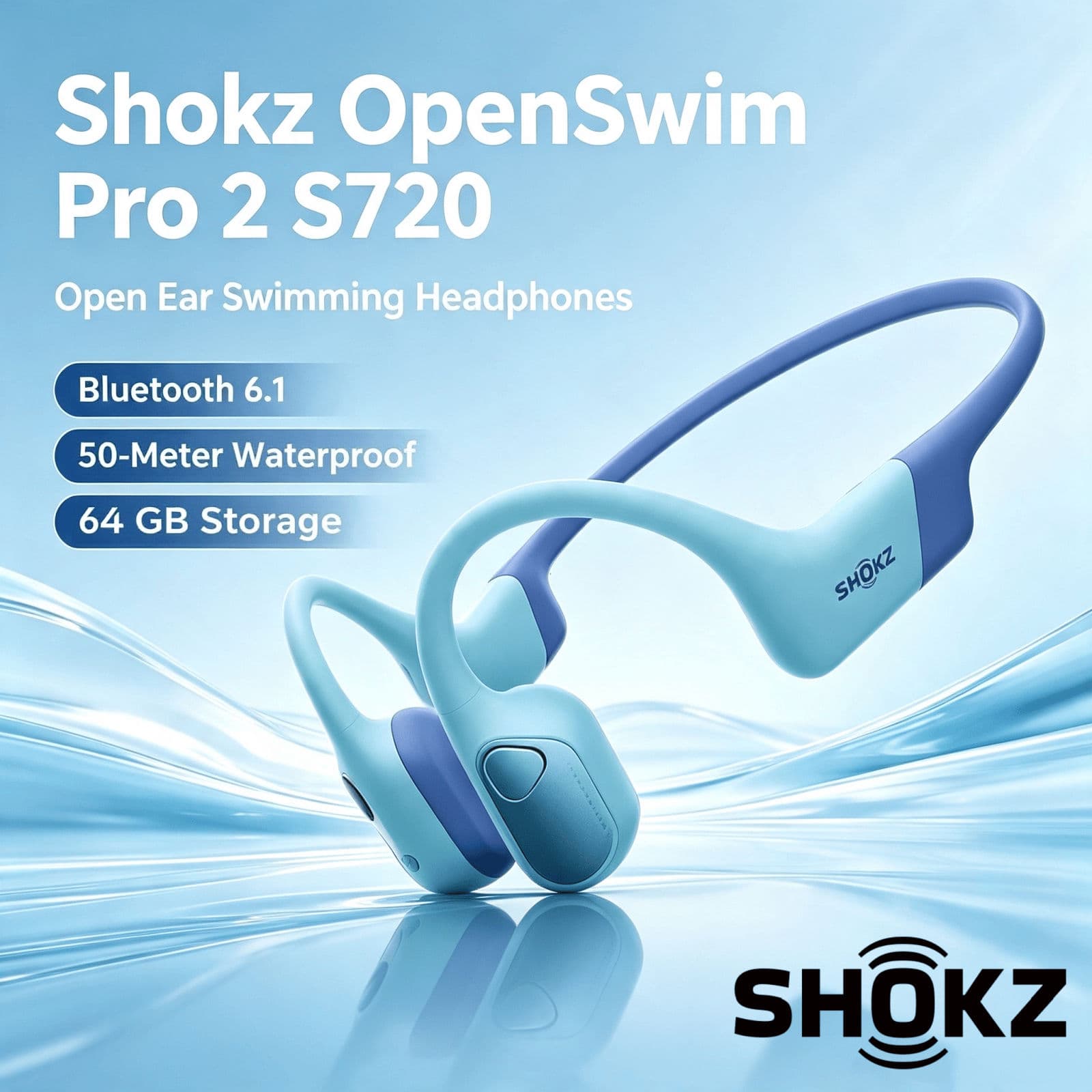 Fones de ouvido Shokz OpenSwim Pro 2 S720, fones de ouvido de condução óssea, fones de ouvido Bluetooth abertos, fone de