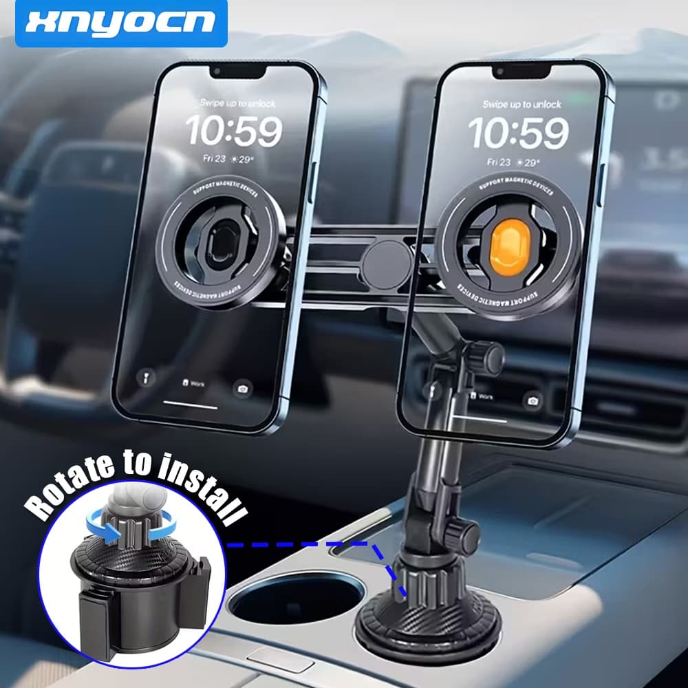 Suporte Magnético Duplo Premium Para Copo de Carro, Braço Longo 360° Rotativo Para Dois Celulares, Base Extensível