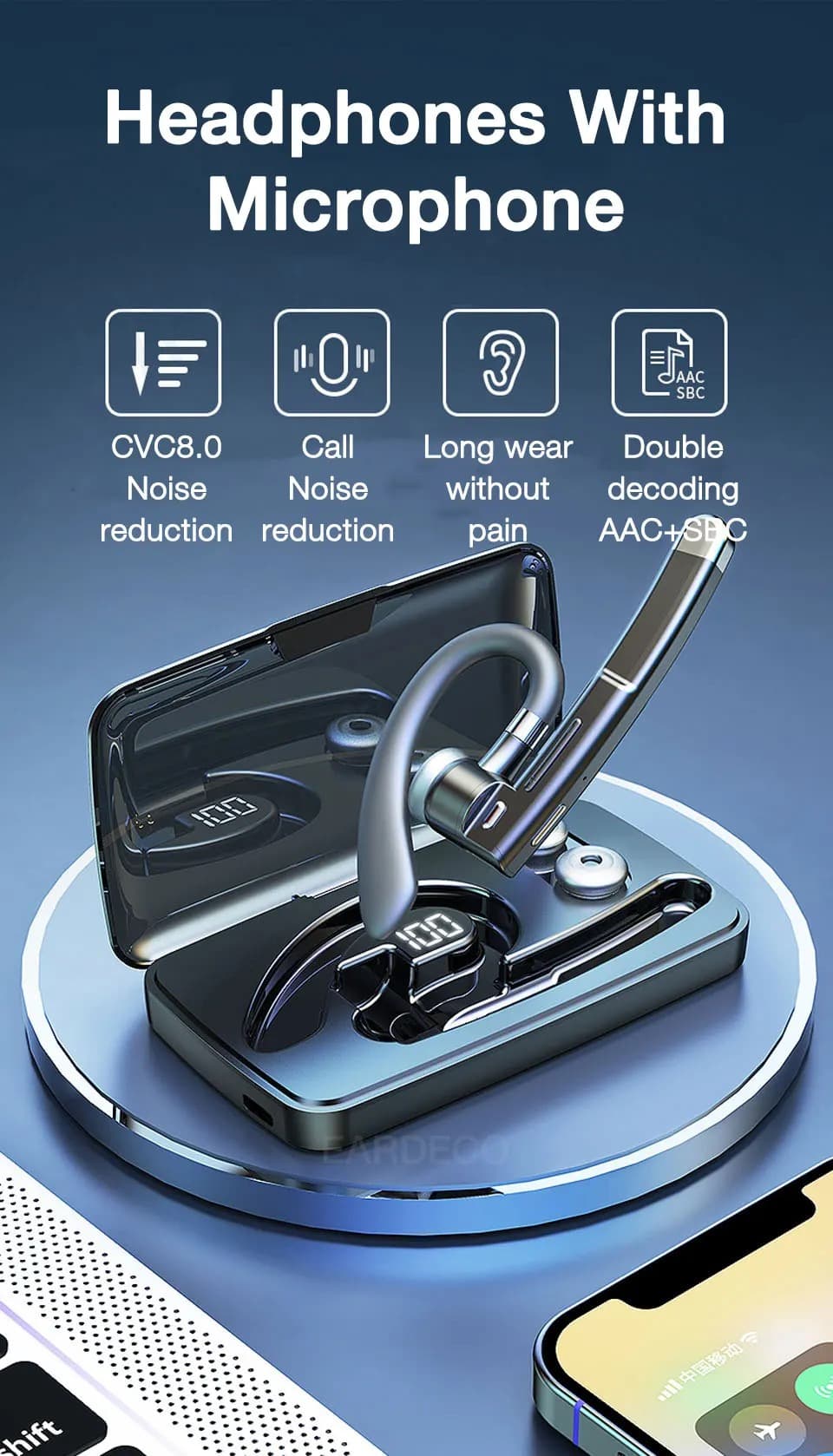 Fones de ouvido sem fio com microfone, Bluetooth, fone de ouvido, earbuds, fone de ouvido com microfone, auriculares