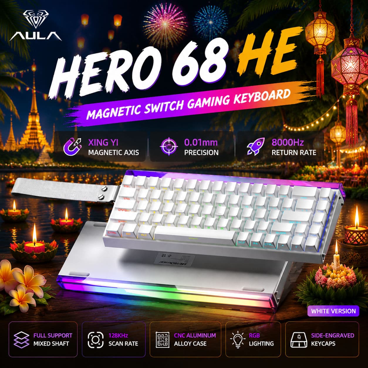 Teclado Mecânico com Interruptor Magnético AULA HERO68 HE com Fio, Efeito Hall, Teclado Gamer RGB, Gatilho Rápido, FPS,