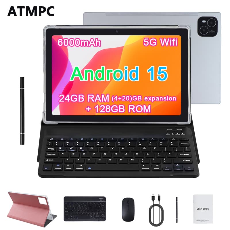 Tablet Android 15 de 10,1 polegadas ATMPC, armazenamento de 128 GB, tela IPS 1280x800, bateria de 6000 mAh, Wi-Fi 6 5G,
