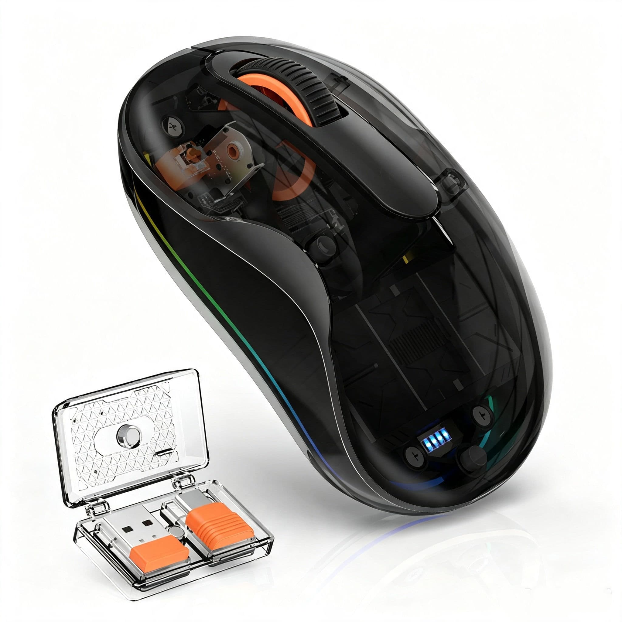JOMAA Mouse sem fio transparente Bluetooth+USB-A+USB-C Mouse recarregável com cliques silenciosos e retroiluminação RGB