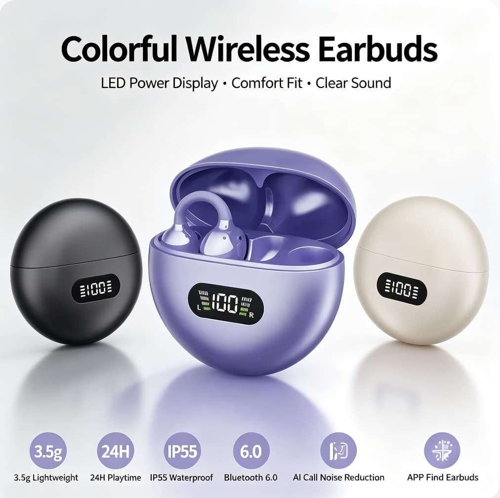 Fones de ouvido sem fio, fone clip de orelha aberto, fones Bluetooth TWS, fones de ouvido com display digital LED, à