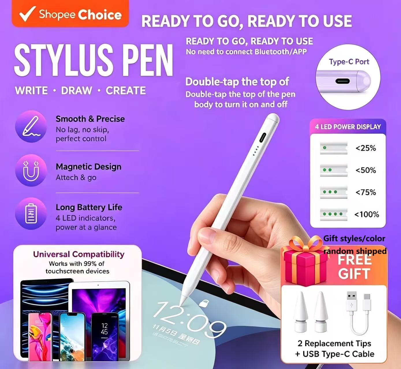 Caneta Universal Stylus 2 em 1 Atualizada para iOS, iPad, iPhone, Android, Celular, Tablet, Tela Sensível ao Toque,