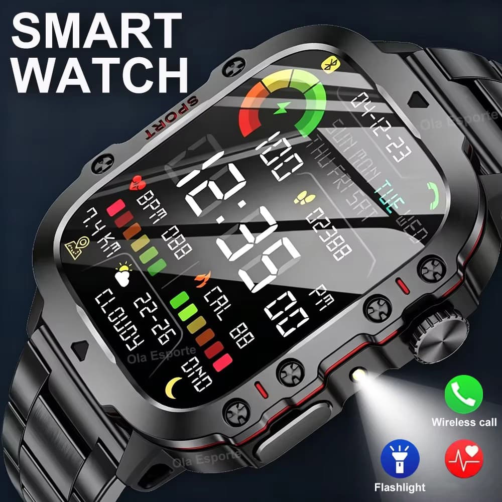 Novos Homens Smartwatch SOS Chamada Bluetooth 1.96'Tela HD Relógio De Pulso À Prova Dwaterproof Água Sono Monitor Saúde 