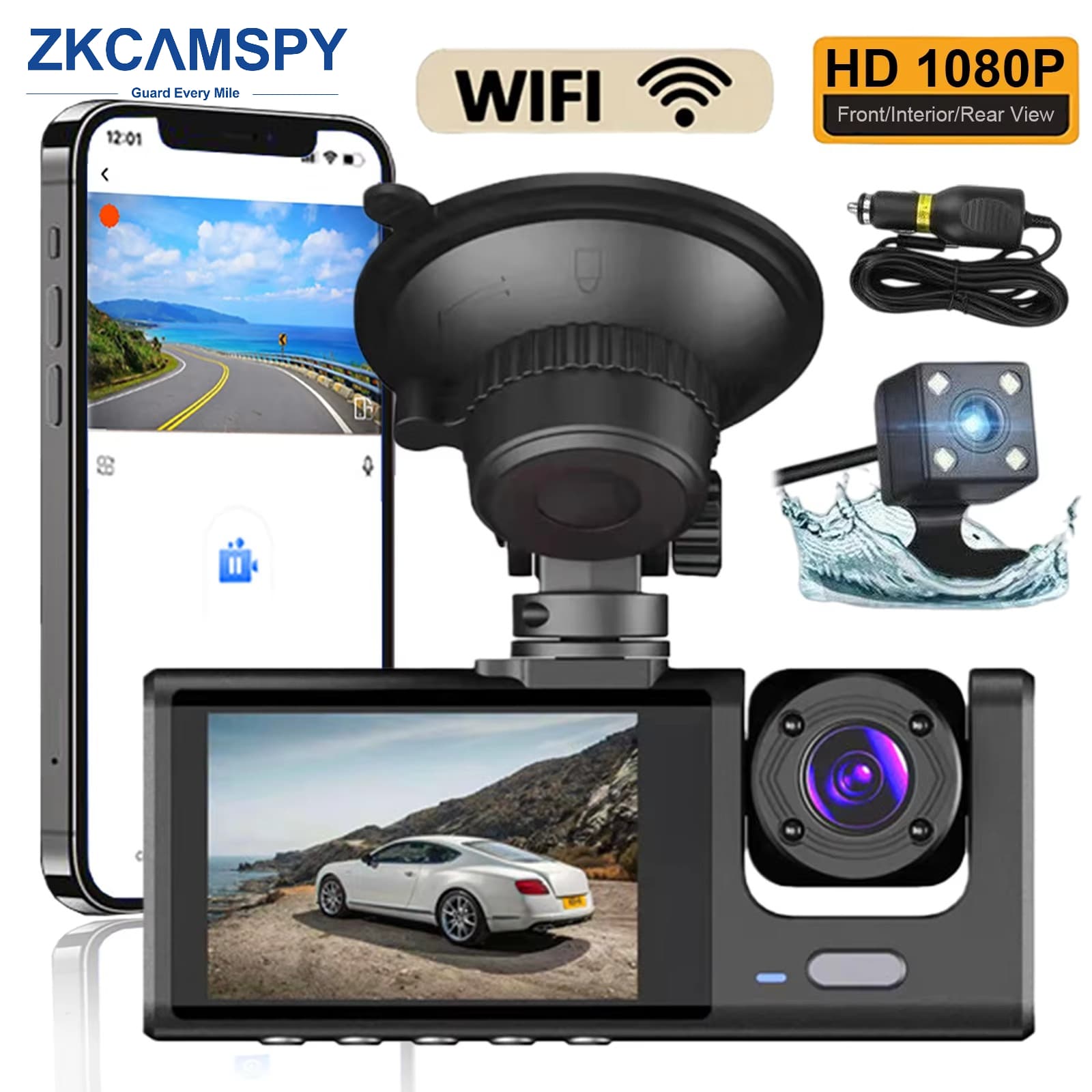 Câmera Veicular 1080P Frontal, Traseira e Interna 3 Canais, 170° de Ângulo Amplo, Dashcam para Carros