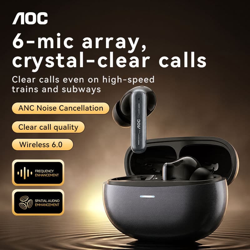 Fones de Ouvido AOC ACT4615, Fones Bluetooth, Fones Duplos, Isolamento de Ruído, Fones de Ouvido Embutidos, Chip ANC,