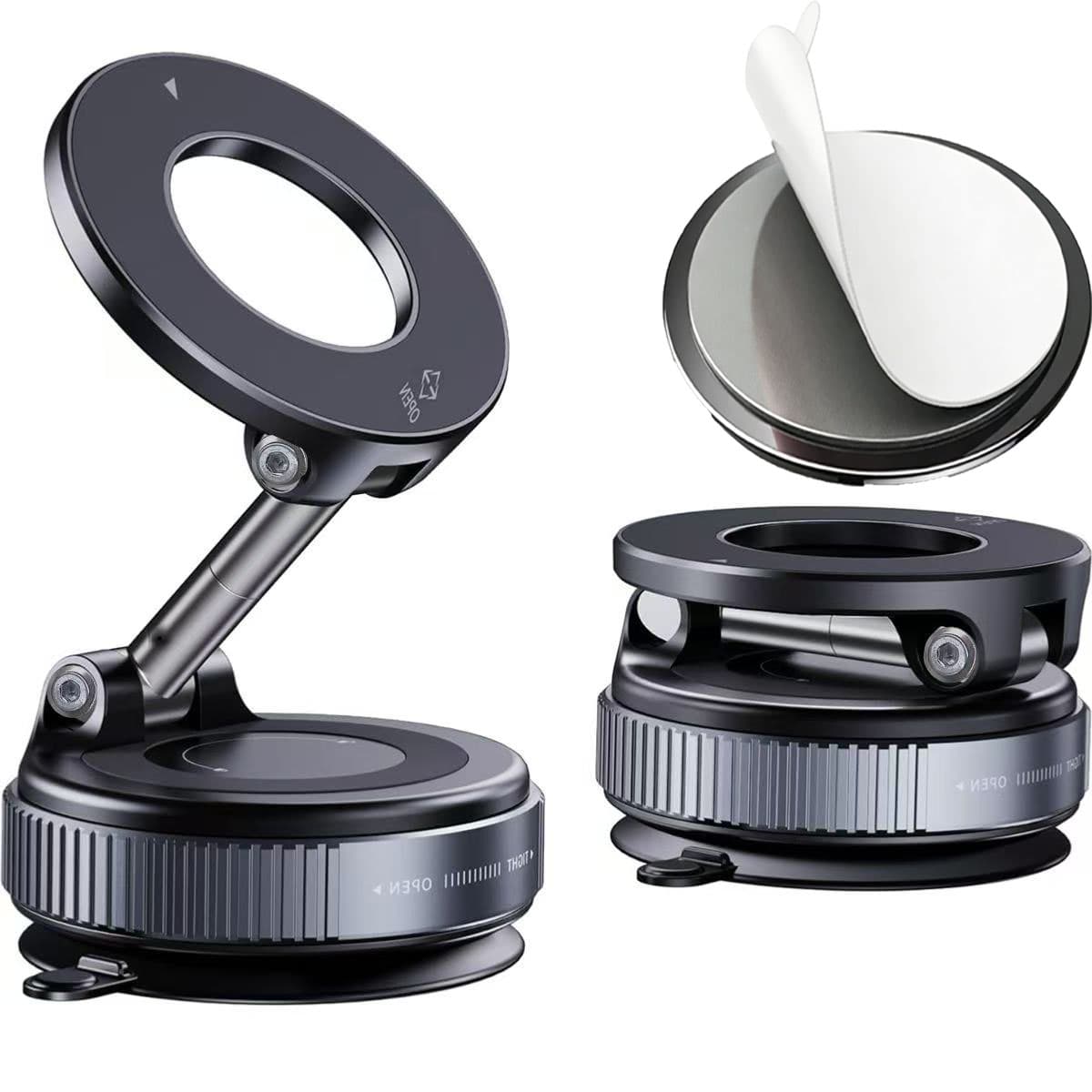 Suporte de telefone para carro magnético ajustável e dobrável com ímã N52, base de ventosa rotacionável 360°.