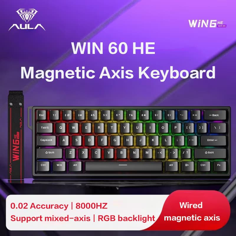 Teclado Mecânico de Jogos AULA WIN60 HE, teclado magnético com fio padrão, interruptor de madeira cinza, efeito Hall,