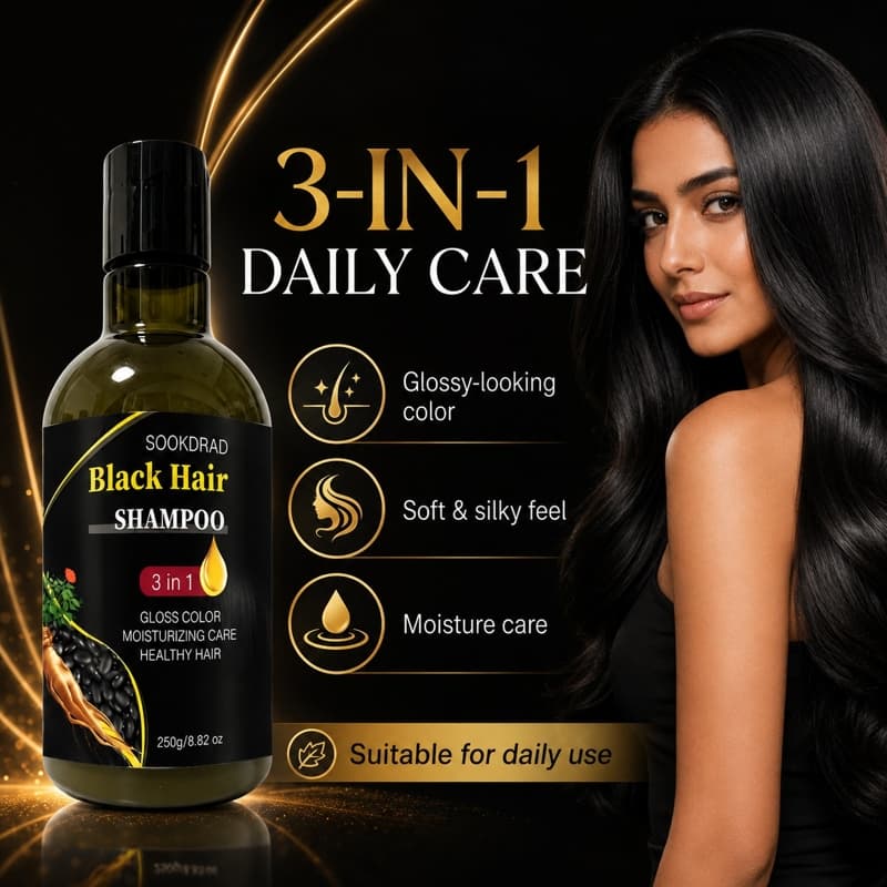 Shampoo para Cabelo Preto, Cuidado Capilar Diário 3 em 1, Hidratante, Brilhante e Saudável, 250g