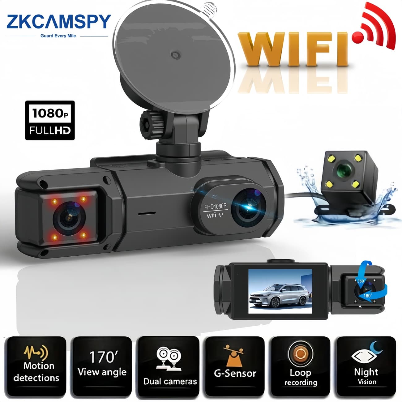 Câmera 1080P WIFI para Carros, Câmera Veicular Frontal/Interna/Traseira 3/2 Canais com Visão Noturna Infravermelha,