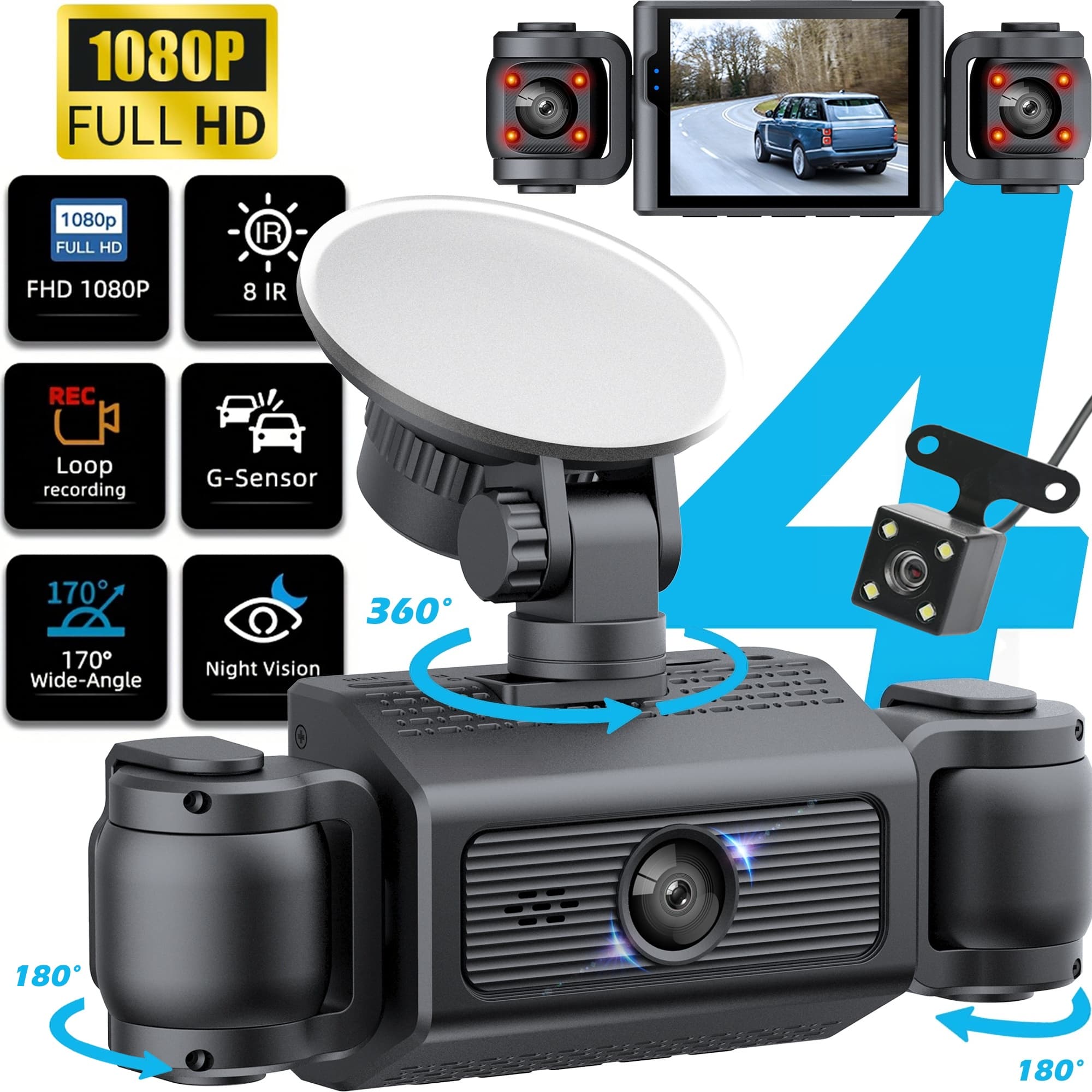 Dashcam De 4 Canais 360 ° Dvr Com Visão Noturna 24h Monitor De Estacionamento Frontal Traseira Gravador De Carro 4k