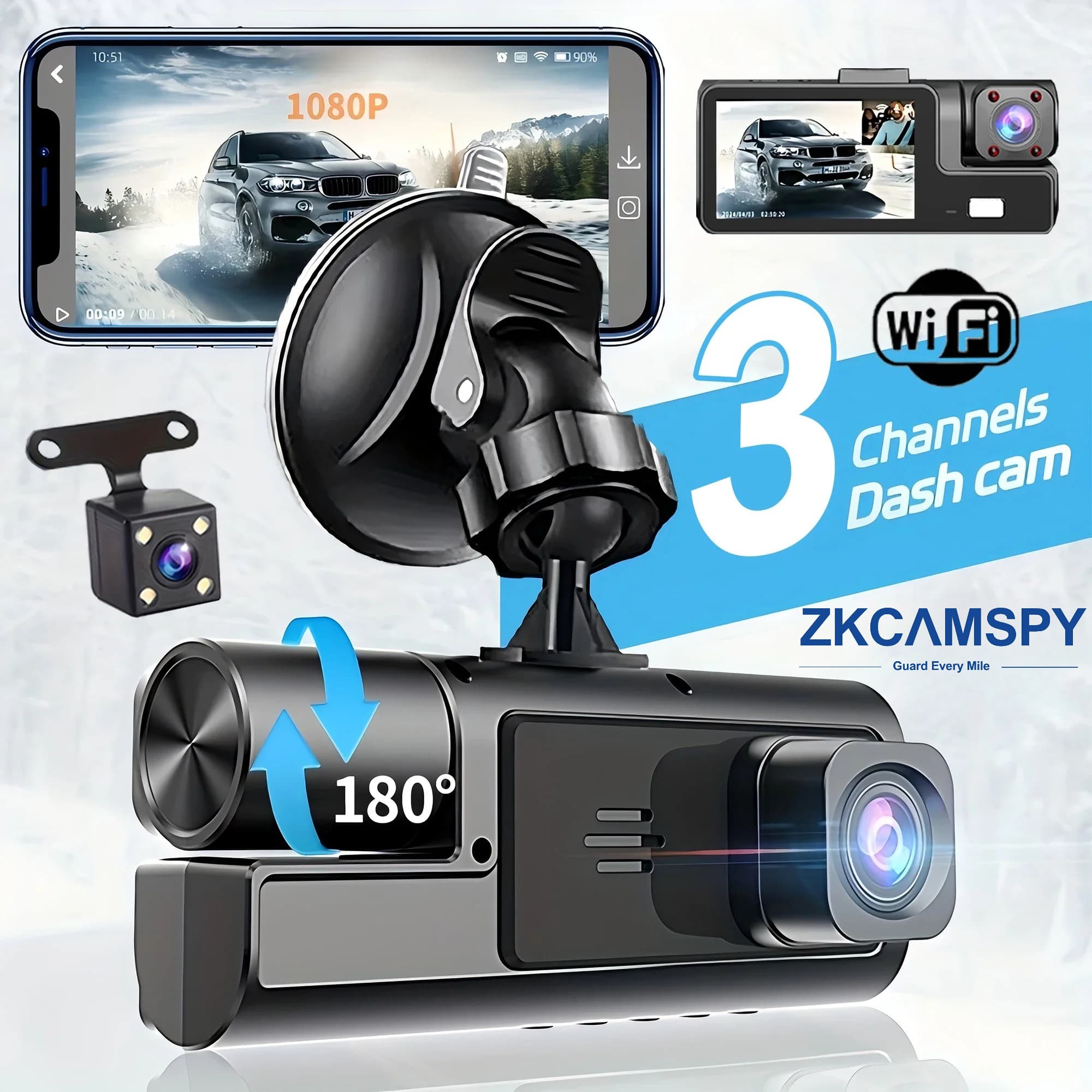 Câmera Veicular 3 Canais Dash Cam Para Carro Câmera Gravador de Vídeo 1080P DVR Veicular WIFI Câmera Frontal e Traseira