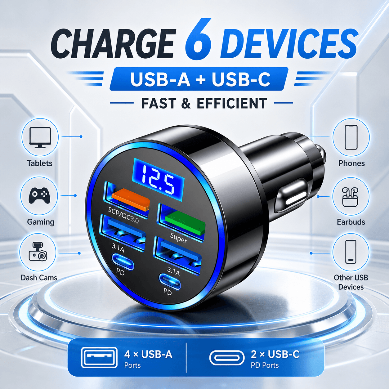 C5 Carregador Veicular PD QC3.1 de Carregamento Rápido 4USB+2PD Portas Carregador Veicular Flash Charge com Display
