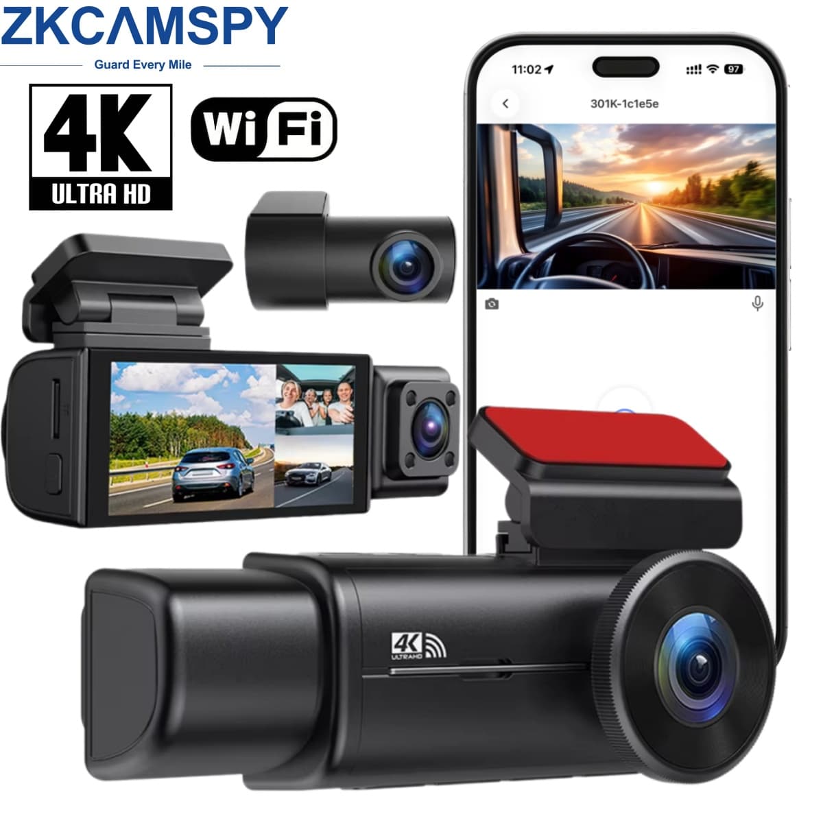 Câmera Veicular 4K UHD 3 Canais, Caixa Preta para Carro com WiFi, Gravador de Vídeo Frontal, Interno e Traseiro, Visão