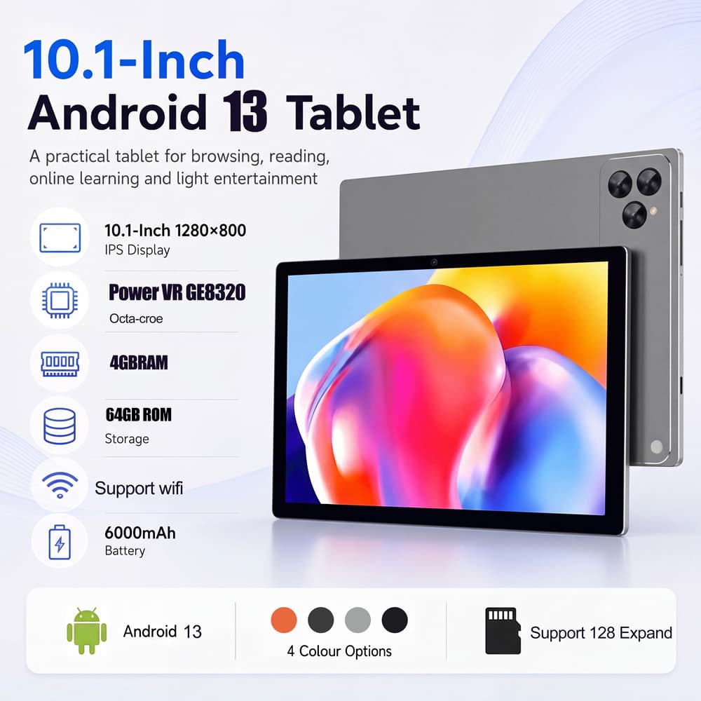 Tablet Android com câmera boa de 10,1 polegadas, sistema Android 13, suporta rede celular, expansão de TF, função WIFI e