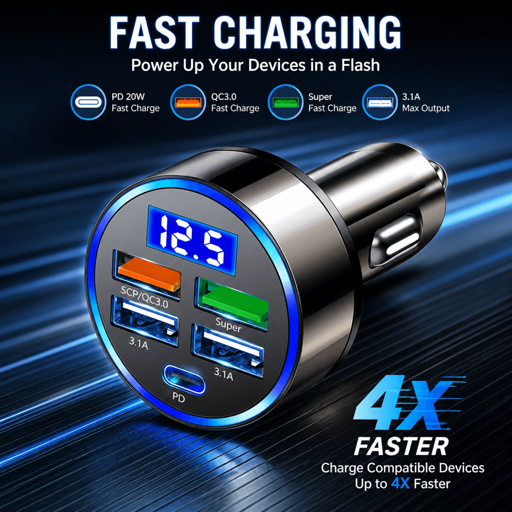 Carregador Veicular USB-C Com Display de Tensão, Dual PD, Super Carregamento Rápido para FCP/SCP/QC2.0/QC3.0