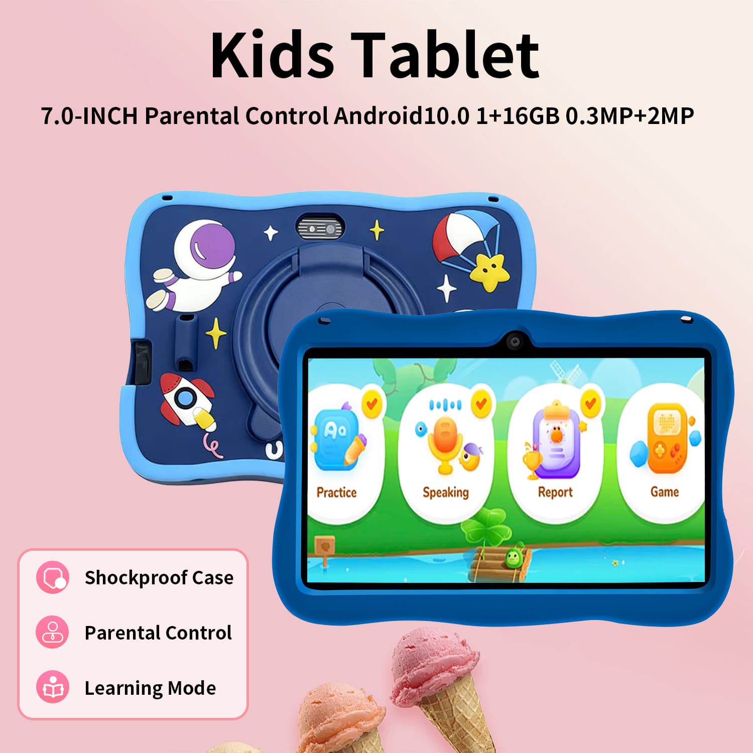Tablet Android robusto de 7 polegadas para crianças, com Wi‐Fi e Bluetooth, ideal para aprendizado e diversão