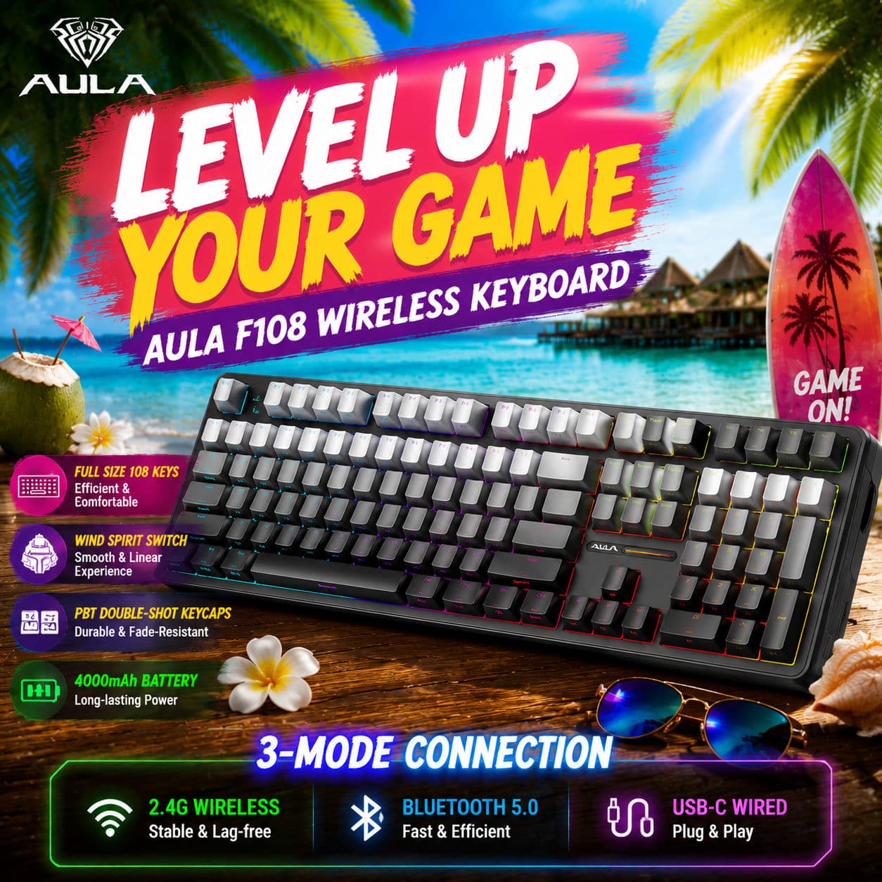 Teclado para jogos mecânico AULA F108 RGB Hot Swappable Switch Teclado de layout completo para PC gamer laptop