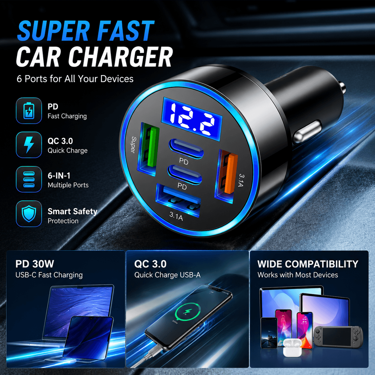 Carregador Veicular 5 Portas, PD QC3.0 de Carregamento Rápido, Adaptador USB-C para iPhone/Samsung/Huawei/Xiaomi