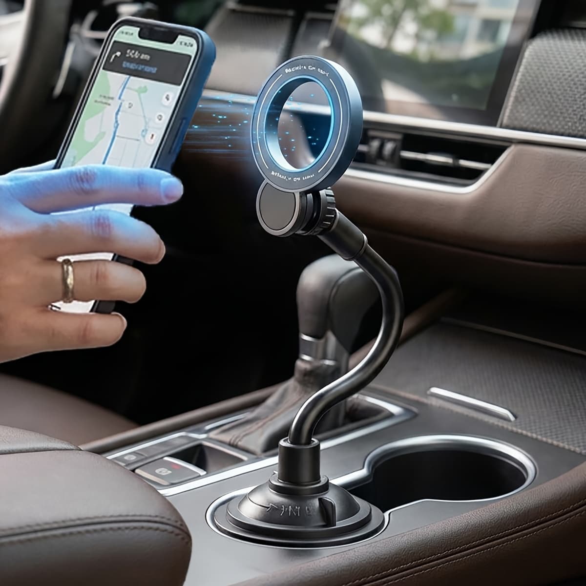 Suporte Magnético de Copo para Carro, Suporte Articulado para Celular com Base Expansível e Anéis Giratórios 360°