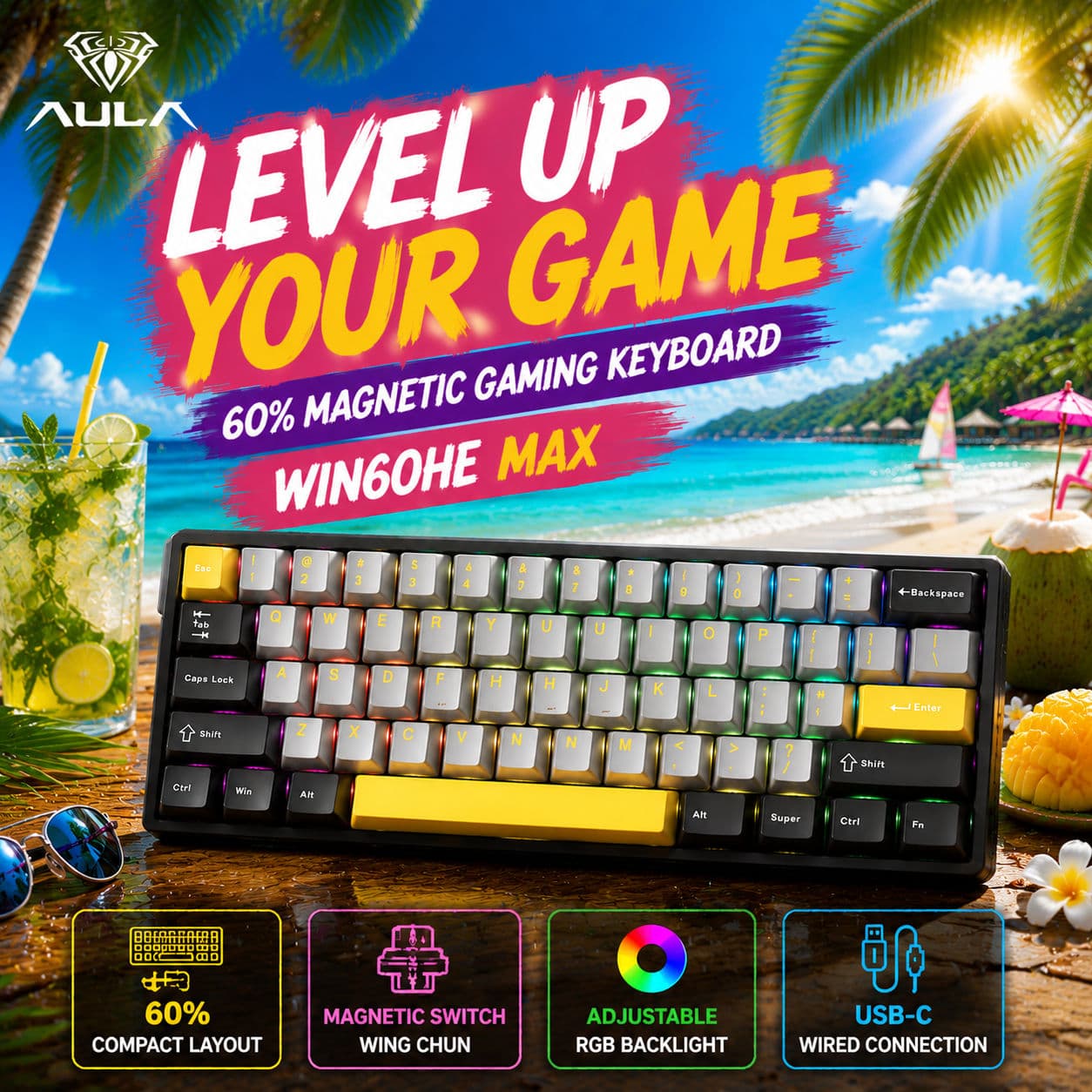 Teclado Mecânico AULA WIN60HE MAX Wing Chun, Interruptor Magnético, Acionamento Rápido por Efeito Hall, Teclado RGB para