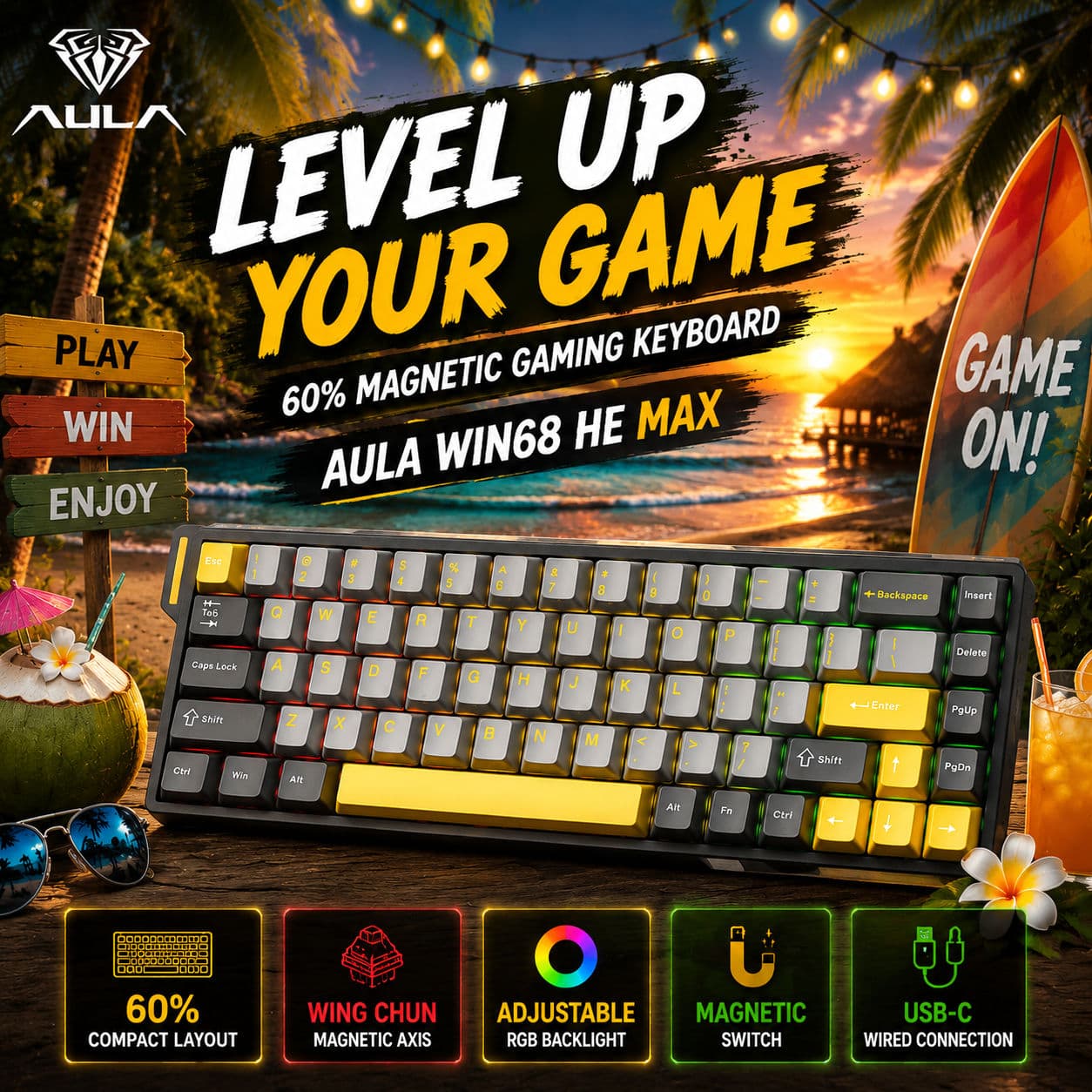 AULA WIN68HE Max Wing Chun Interruptor Magnético Teclado Mecânico de Efeito Hall Gatilho Rápido Teclado Gamer RGB 68