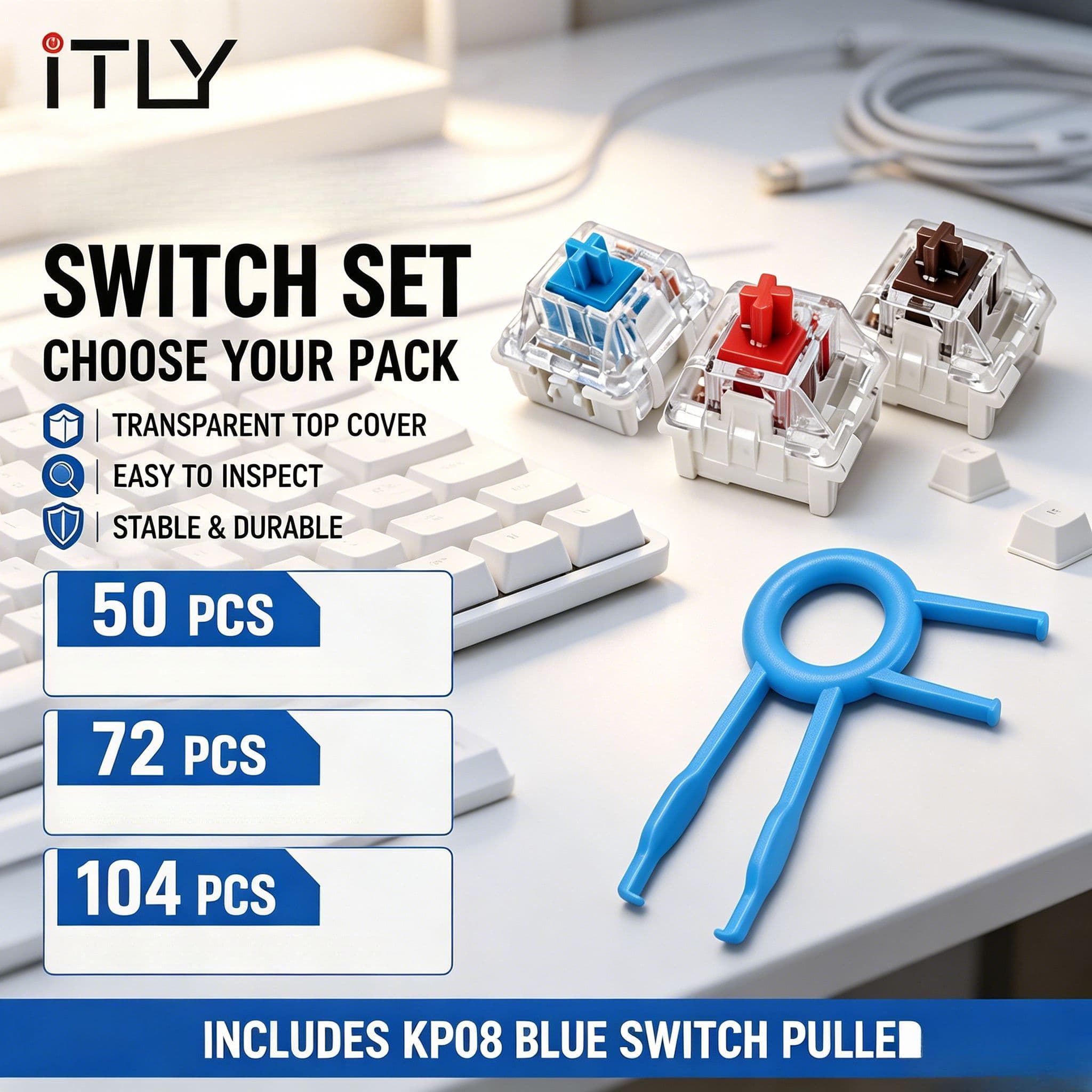 Teclado Mecânico com Switch Azul, Switch Pré-Lubrificado com Ferramenta Extratora, Switch Tátil para Teclado Mecânico