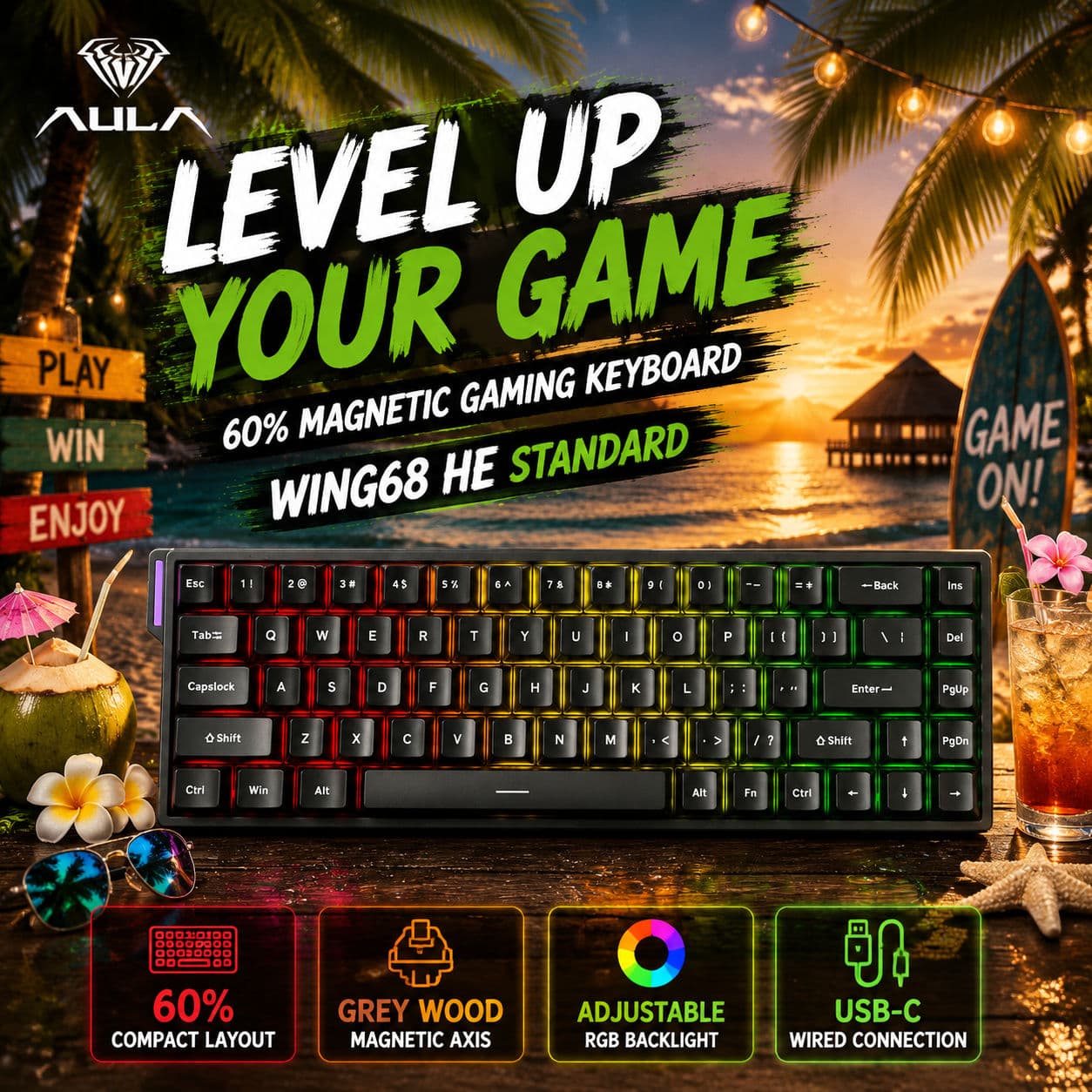 Teclado de Jogos com Interruptor Magnético com Fio AULA WIN68 HE, Teclado Mecânico RGB Hall Effect de Gatilho Rápido 68