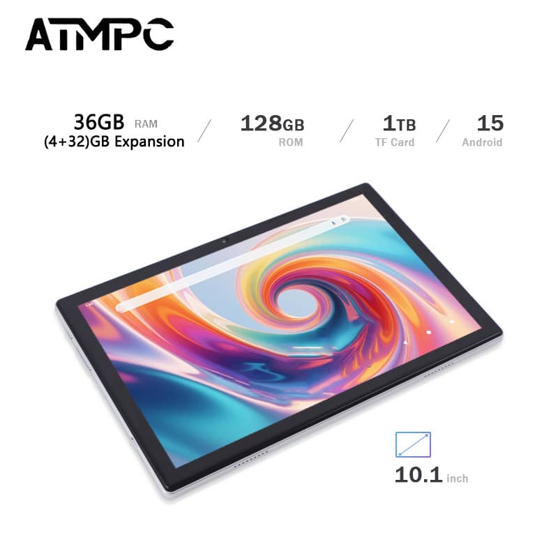 Tablet Android ATMPC de 10,1 polegadas, Android 15, 128GB de armazenamento expansível até 1TB, processador octa-core,