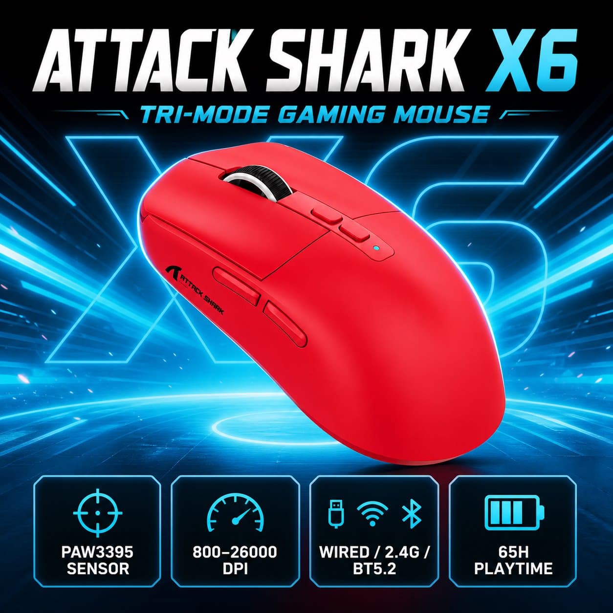 Mouse Gamer Attack Shark X6 PAW3395 Tri-Modo Sem Fio, 800-26000 DPI, 650IPS 50G, Mouse com Fio 2.4G Bluetooth 5.2, Taxa