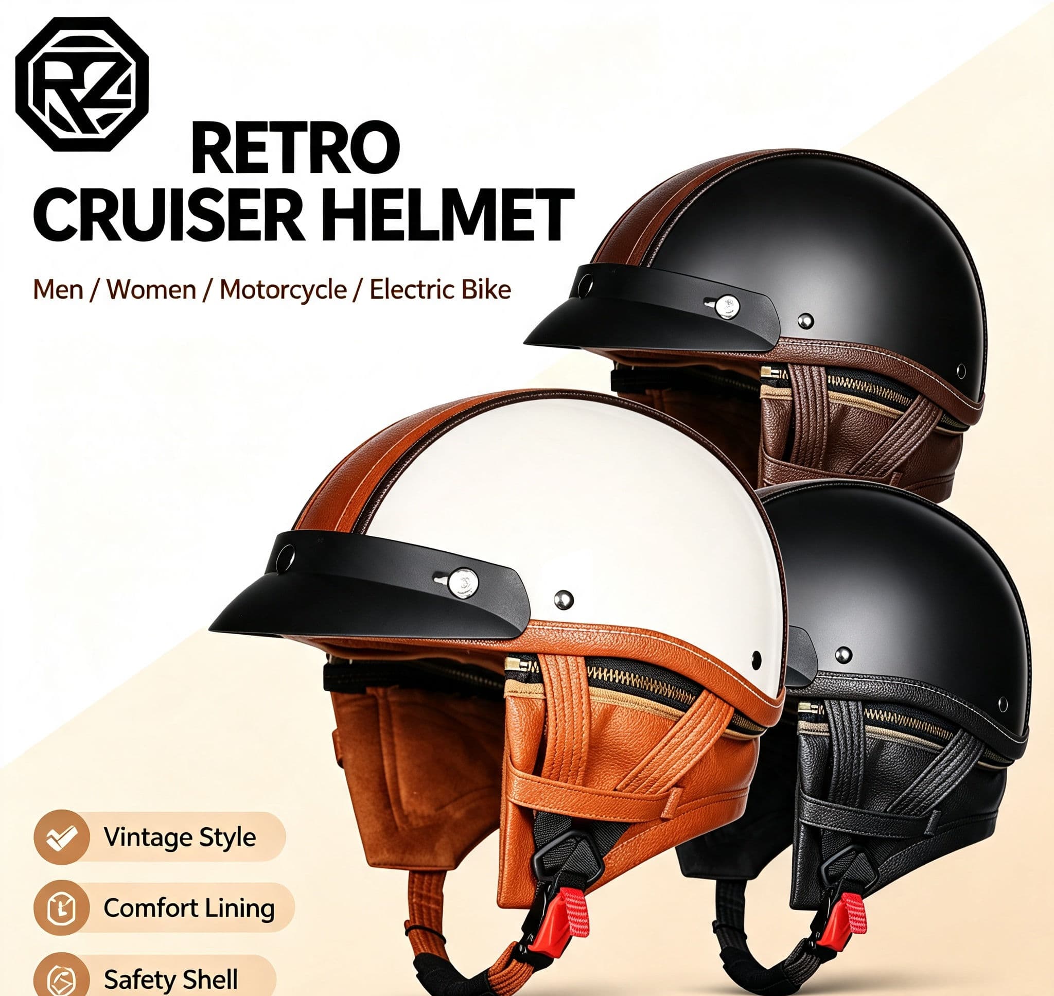 Capacete Vintage Cruiser ORZ - Respirável para todas as estações, para moto e scooter elétrico. Acessórios: forro e