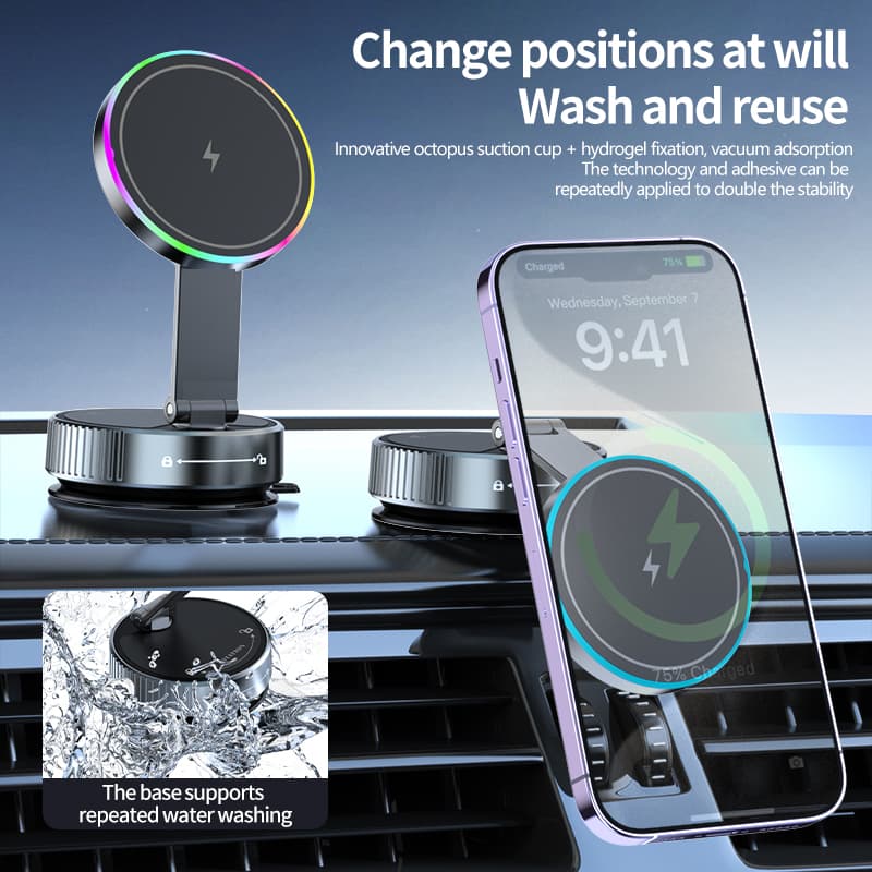 Carregador Magnético de Carro sem Fio 15W RGB Luz Ventosa Dobrável Suporte para Celular Rotação 360° para Smartphones