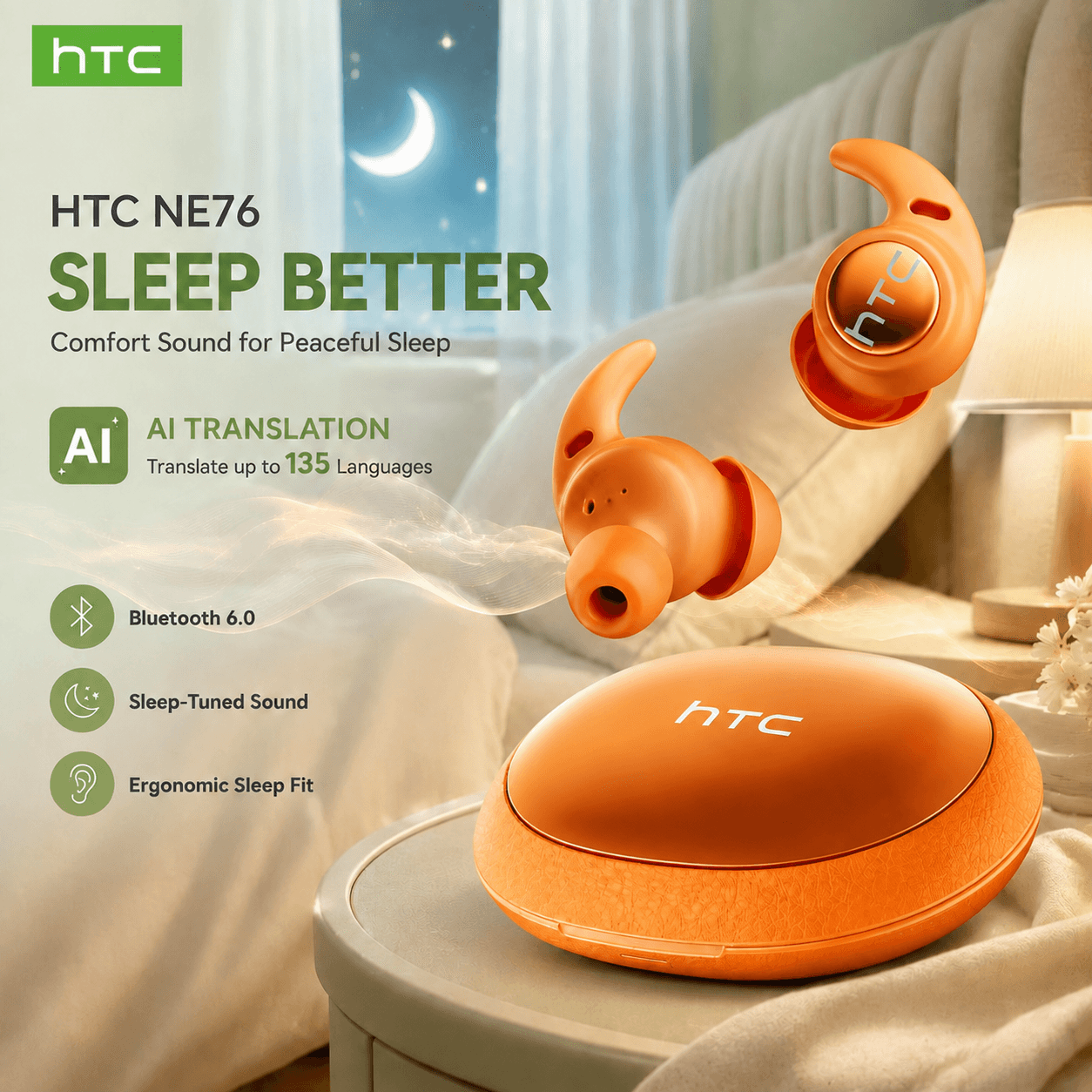 Fones de ouvido HTC NE76: Fones de ouvido Bluetooth com tradução automática de IA em 135 idiomas em tempo real, fones