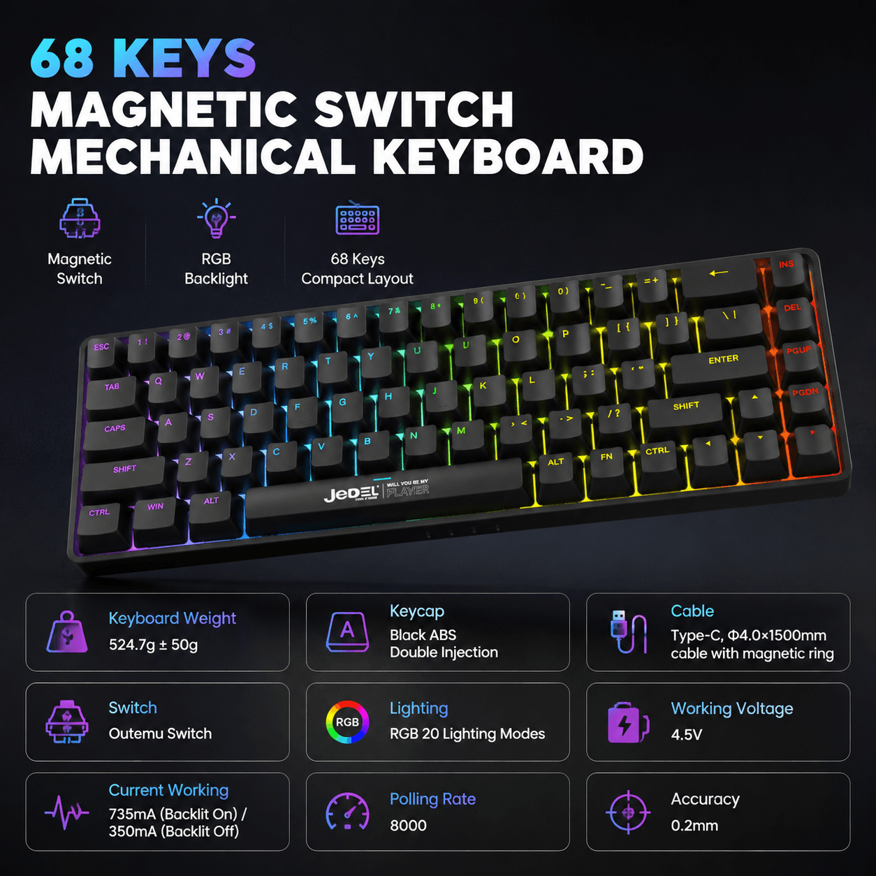 Teclado Mecânico Compacto de Interruptores Magnéticos, Teclado de Jogos com Luz de Fundo RGB, Taxa de Polling de 8000Hz,
