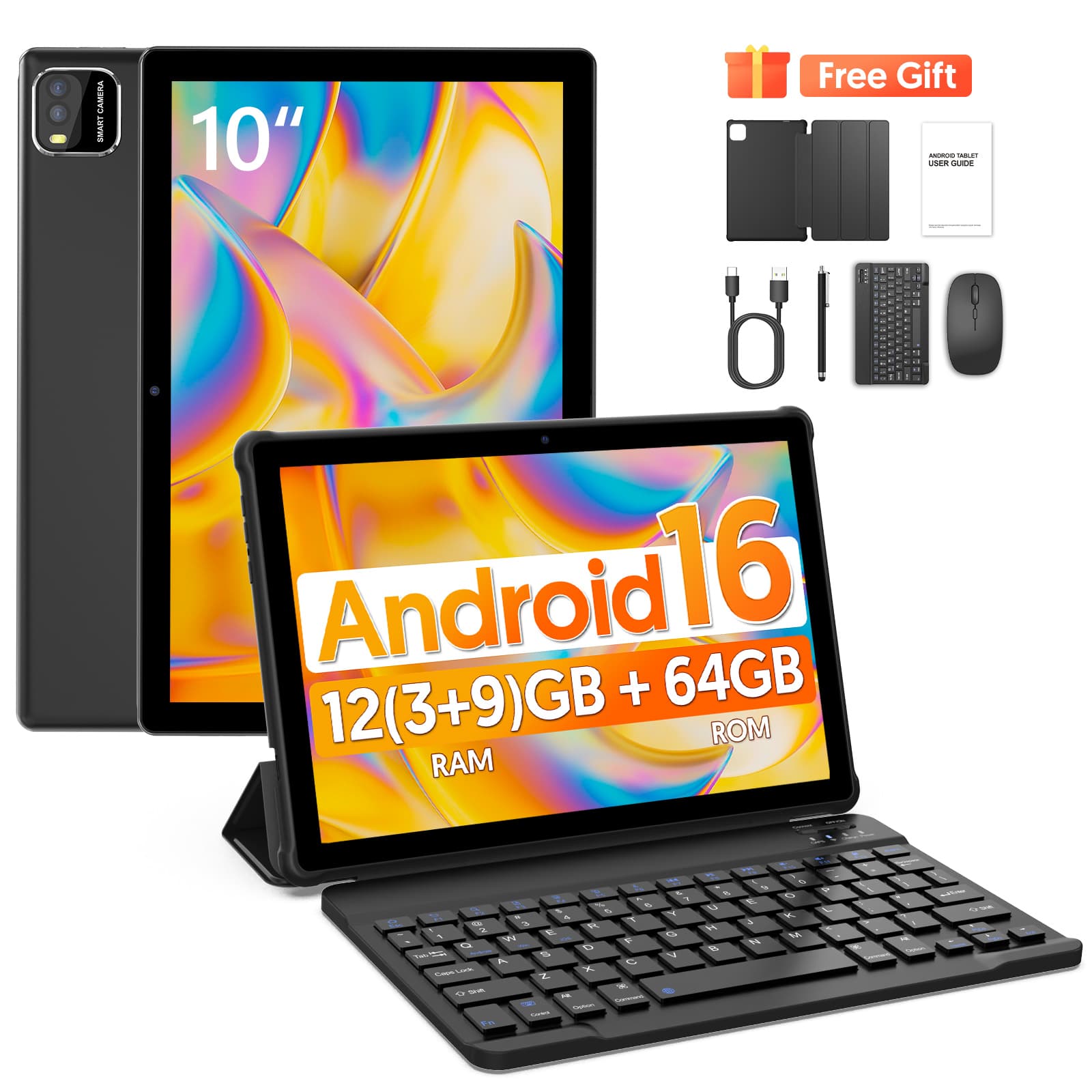 Tablet de 10,0 polegadas, inclui teclado e mouse, 12 GB (3+9) de RAM + 64 GB de armazenamento, Android 16, câmeras